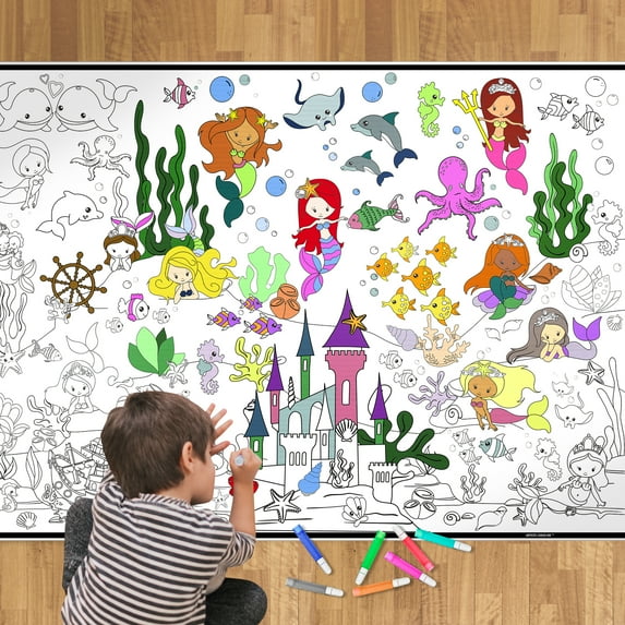 Giant Coloring Poster - Premium Jumbo Coloring Sheets for Kids & Adults with Thick Bleed-Resistant Pages, Use on Floor, Wall, or as Table Cloth, Use With Alcohol Based Markers (30” x 42”, Mermaid)