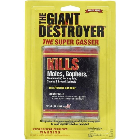 The Giant Destroyer (GAS KILLER) (12/4PK TOTAL) 48 kills Moles, Gophers, Woodchucks, Norway Rats, Skunks, Ground Squirrels in their Holes, Tunnels, Burrows. NO dealing w/ dead pest, better than traps