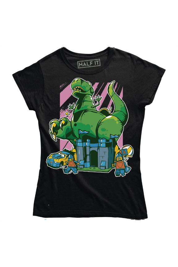 Giant Dinosaur Crushing Lego Castle Funny Cartoon Women's T-Shirt