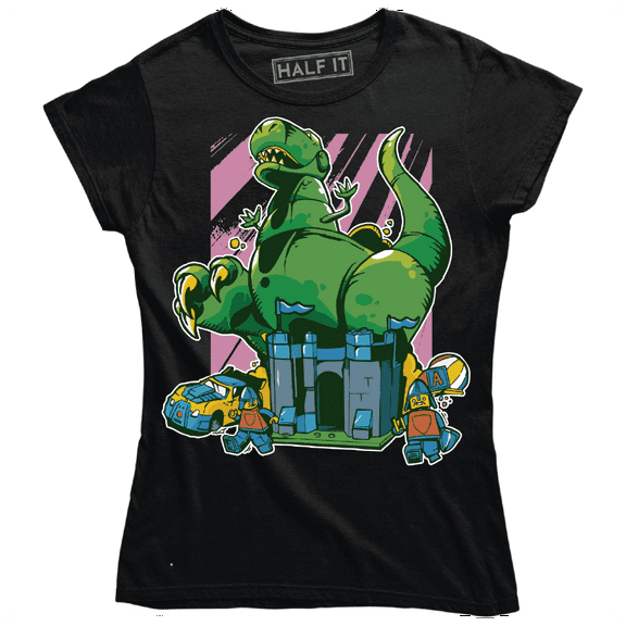 Giant Dinosaur Crushing Lego Castle Funny Cartoon Women's T-Shirt