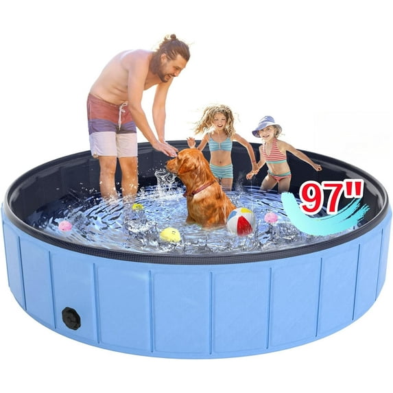 Giant Dog Pool 97"x16", Foldable Dog Swimming Pool, Hard Plastic PVC Leakproof Doggie Wading Collapsible Pet Bathing Tub for Puppy Small Medium Large Dogs and Kids, Blue