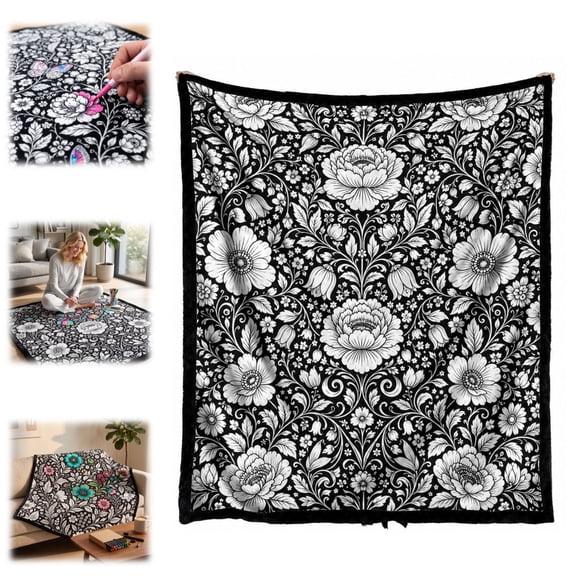 Giant Doodle Coloring Blanket, 50 x 60 Inch DIY Color Your Own Throw, Washable Fabric Art Blanket for Adults Creative Activity Gift(A)