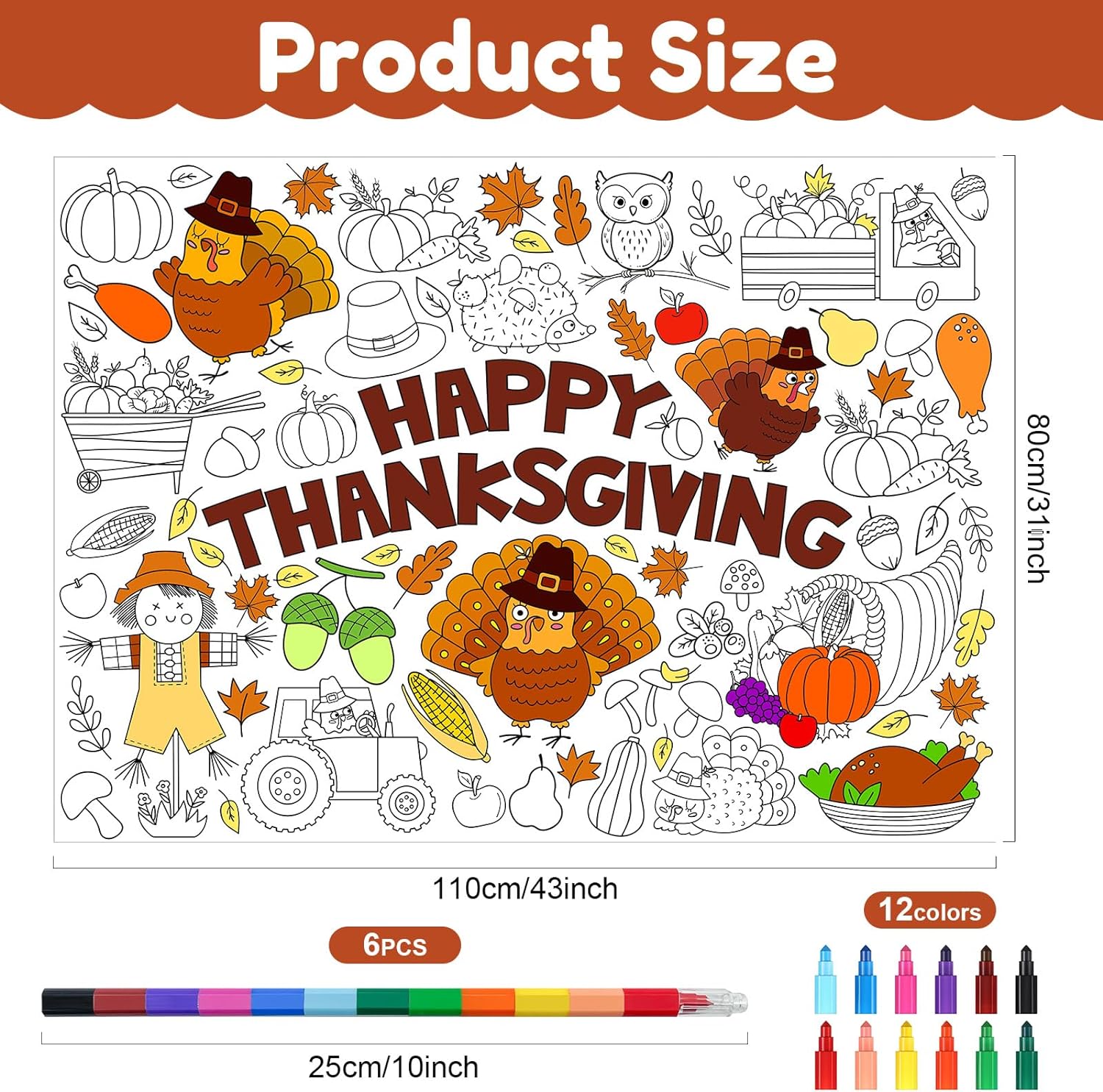 Giant Fall Thanksgiving Coloring Poster With 6 Stacking Crayons, Large ...