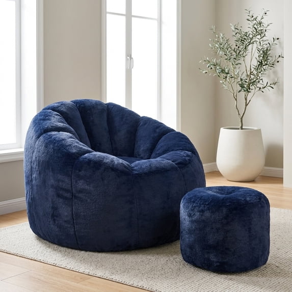 Giant Faux Fur Bean Bag Chair, Oversized Pumpkin-Shaped Floor Sofa Couch in Dark Blue