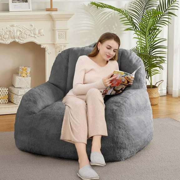 Giant Faux Fur Bean Bag Chair for Adults – Oversized 39" x 39" x 29" Lazy Sofa Floor Couch with High-Density Foam Filling, Black
