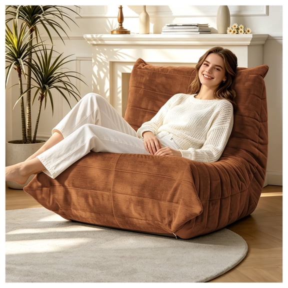 Sanae Giant Faux Fur Bean Bag Sofa for Adults, Memory Foam Filled Lazy Lounge Chair, Fireside Couch for Living Room, Bedroom & Office Use, Orange