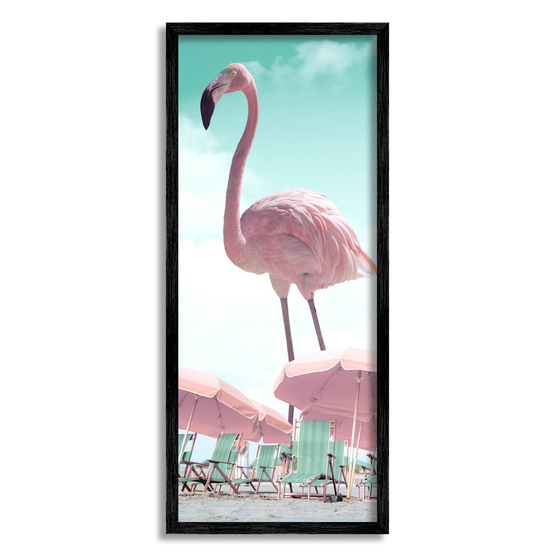 Giant Flamingo Pastel Beach Scene Animals & Insects Graphic Art Black Framed Art Print Wall Art