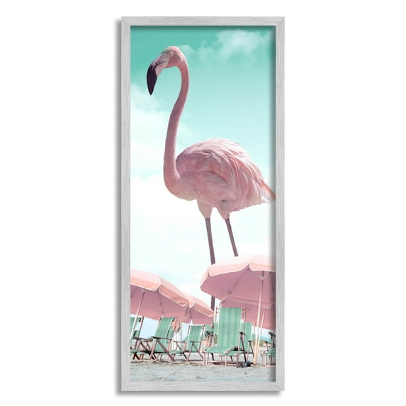Giant Flamingo Pastel Beach Scene Animals & Insects Graphic Art Gray Framed Art Print Wall Art