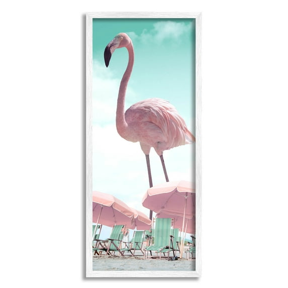 Giant Flamingo Pastel Beach Scene Animals & Insects Graphic Art White Framed Art Print Wall Art