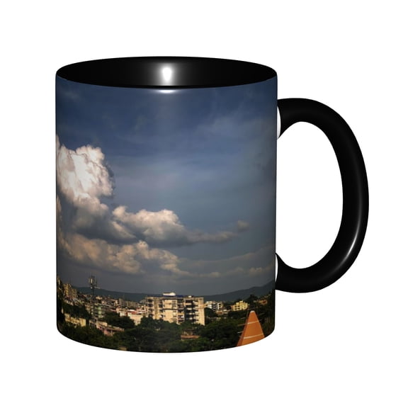 Giant Fluffy White Cumulus Cloud Over Residential Cityscape Blue Sky Urban Cloud Photo Ceramic Mug 11oz, Calm Town Skyline Nature Landscape Cup, Microwave Safe Gift for Cloud Watchers
