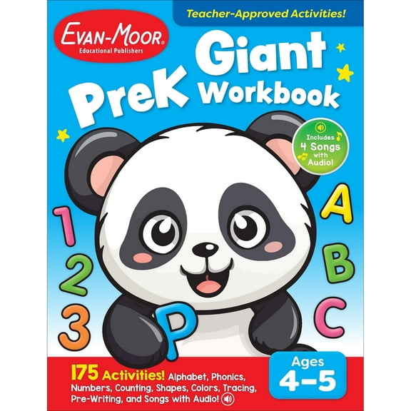 Evan-Moor Giant Full-color PreK Workbook, 175 Activities for Preschool Ages 4-5, Alphabet, Letters, Numbers, Counting, Shapes, Coloring, Matching