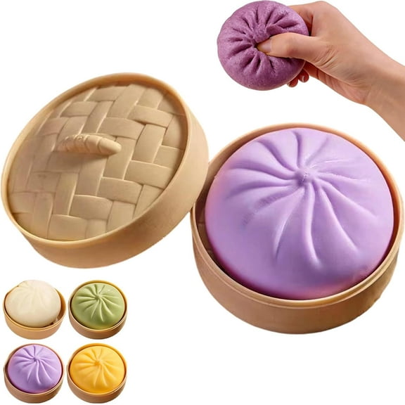 Giant Glitter Dumpling Squishy with Steamer Box,Super Soft Mega Rainbow Dumplings Stress Ball,Large Anxiety Relief Slow-Rising Decompression Dough for Adults Kids Elderly,Purple