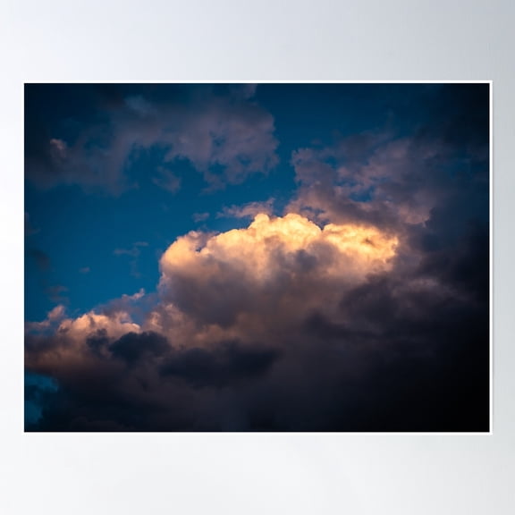 Giant Glowing Bright Cloud Behind Stormy Grey Clouds In The Deep Blue Sky Poster Wall Art, Modern Wall Decor, 8x12 UNFRAMED