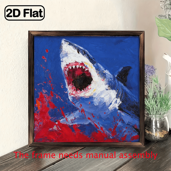 , Giant Great White Shark Demon Wall Art - Realistic Oil Painting Style Wooden Framed Canvas Print, Blue Red Abstract Background, Wrap-Around Frame.wooden framed painting