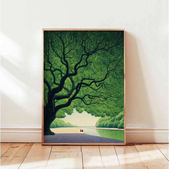 Giant Green Tree Poster Peaceful Nature Wall Poster Serene Landscape Illustration Calming Tree Scene Decor For Bedroom Or Living Room , Poster Print Only