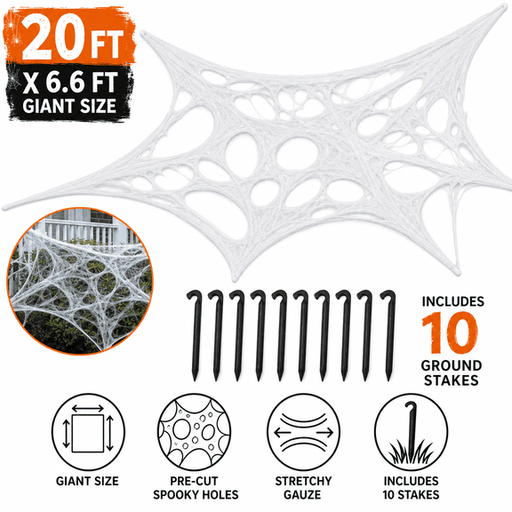 Giant Halloween Spider Web Decorations, 20 x 6.6 FT Stretchy Cobweb Gauze with 10 Stakes for Outdoor Yard Lawn Haunted House, White