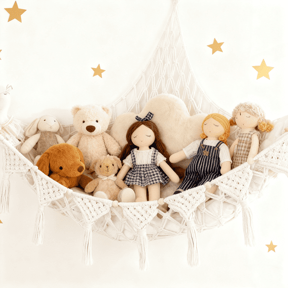 Giant Hanging Doll Storage Corner, Fabric Plush Doll Display Shelf with Braided Rope & Heart Cutouts, as Stuffed Animal Storage, for Room Decor Aesthetic & Teen Girls Bedroom Dorm