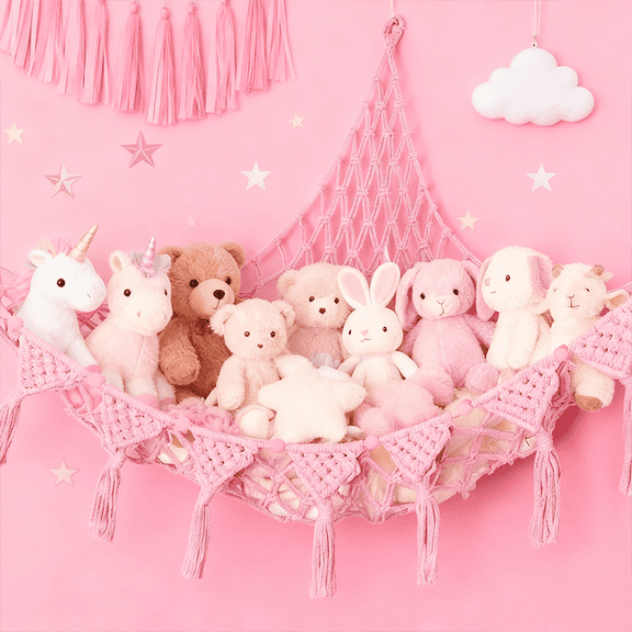 Giant Hanging Doll Storage Corner, Fabric Plush Doll Display Shelf with Braided Rope & Heart Cutouts, as Stuffed Animal Storage, for Room Decor Aesthetic & Teen Girls Bedroom Dorm