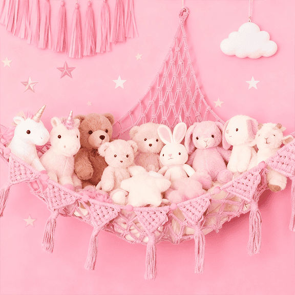 Giant Hanging Doll Storage Corner, Fabric Plush Doll Display Shelf with Braided Rope & Heart Cutouts, as Stuffed Animal Storage, for Room Decor Aesthetic & Teen Girls Bedroom Dorm