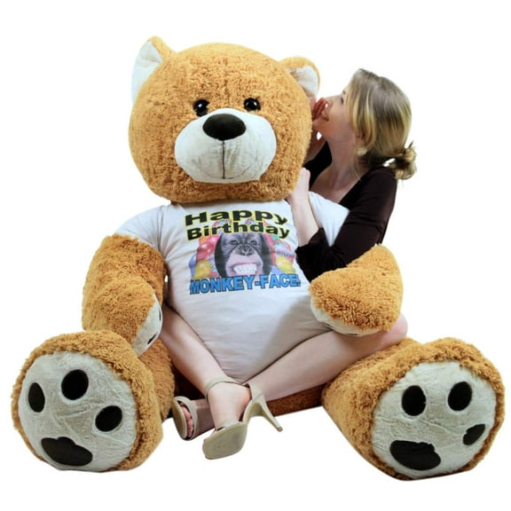 Giant Happy Birthday Teddy Bear 55 Inches Honey Brown Color Wears Tshirt that says HAPPY BIRTHDAY MONKEY FACE