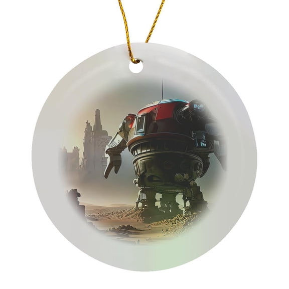 3drose, Giant Industrial Robot in Mars Desert on a Sunny Day Digital Art, Circle Porcelain Ornament