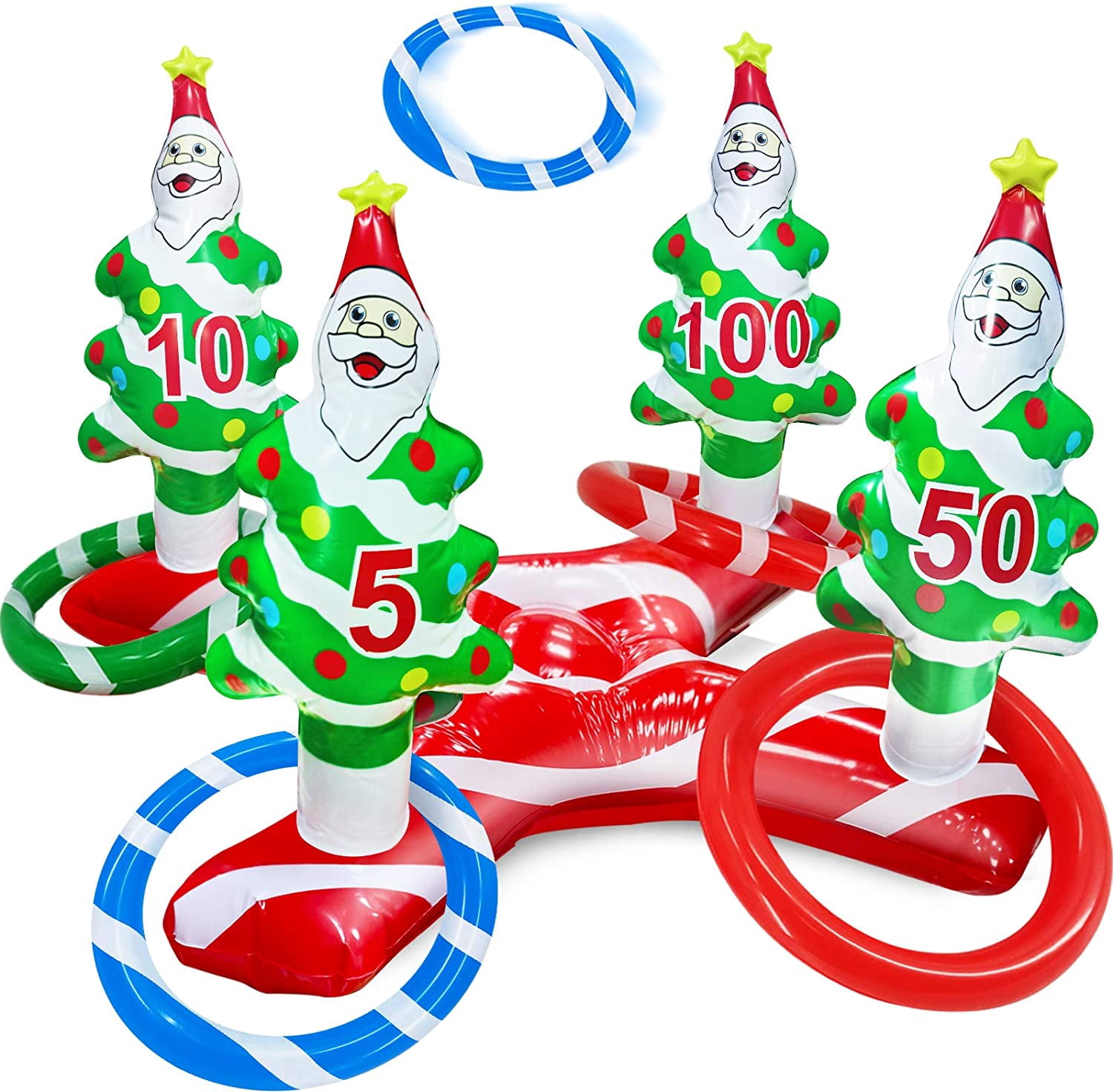 Giant Inflatable Christmas Tree Ring Toss Party Game Toys Kids Adults Family Stocking Stuffers Christmas Party Supplies Favors Decoration Indoor Outdoor Games(4 Score Santa Base, 4 Rings)