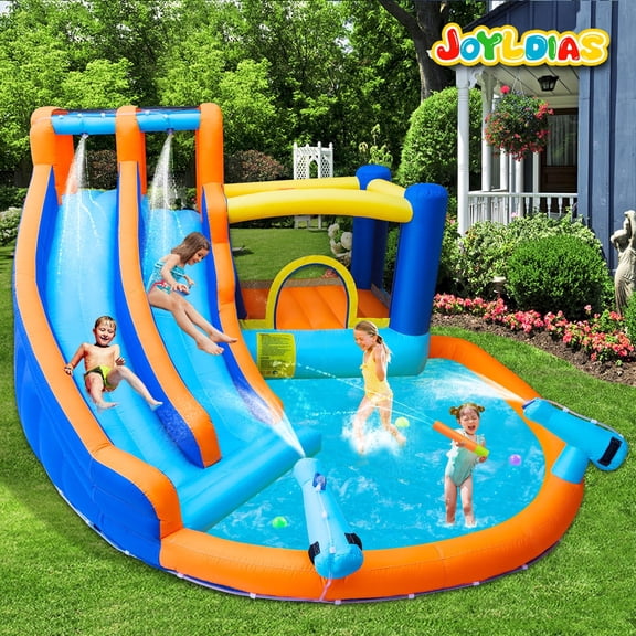 Giant Inflatable Double Water Slide Bouncer House,Fun Water Playground Backyard Outdoor Party w/Splash Pool,Climbing Wall,Trampoline,Basketball Hoop,Water Guns,Air Blower