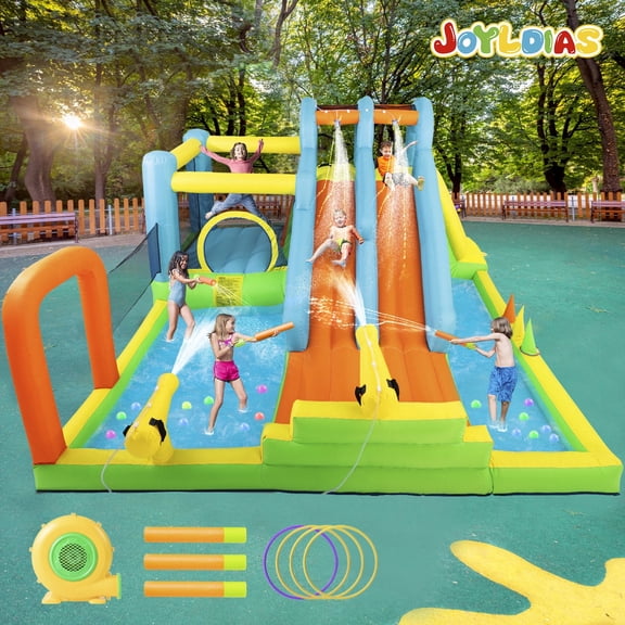 Giant Inflatable Dual Water Slide Bouncer Playhouse Castle with Splash Pool,Climbing Wall,Trampoline,Water Guns,Air Blower Backyard Garden Party Fun Outdoor Playground