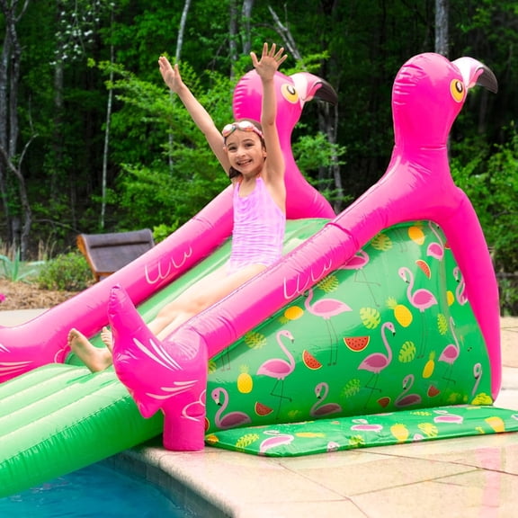 Giant Inflatable Flamingo Pool Slide w/Built-in Side Water Sprinklers for Kids- Extra Large Size (98"x 51"x 51") - Soft Landing Pad, Durable, Easy to Inflate - Perfect for Summer Party Outdoor Fun