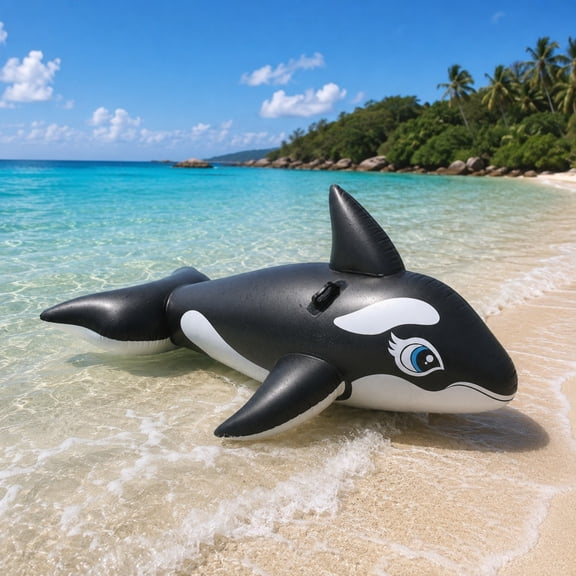 Giant Inflatable Orca Whale Pool Float Ride-On, Large Killer Whale Water Float with Handles for Beach Lake Swimming Party