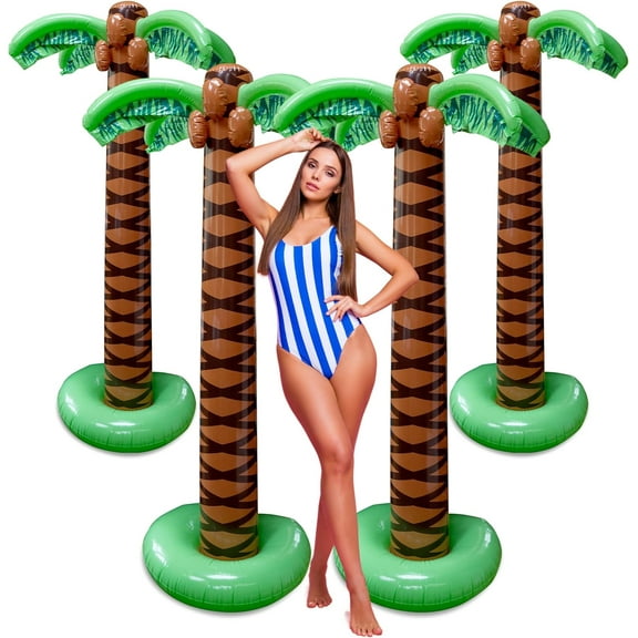 Giant Inflatable Palm Tree 6 Foot - 4PK - Beach Party Decorations for Summer Luau Themed Pool Party, Tropical Hawaiian Blow Up Palm Tree Favors - Poolside Ambiance, Easy Inflation