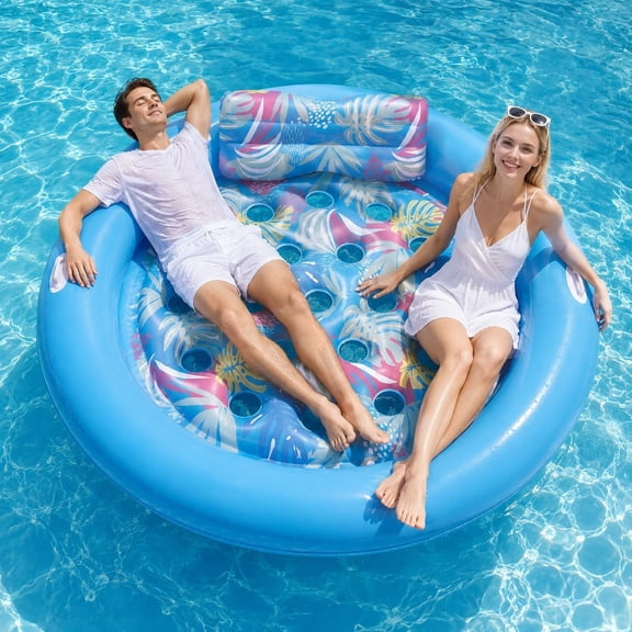 Giant Inflatable Pool Float for Adults Heavy Duty, 75" x 75" Tanning Pool Lounger Bed with Removable Pillow and Handles, Large Blow Up Oasis Floaties for Beach Summer Party