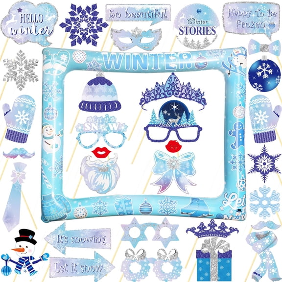 Giant Inflatable Winter Photo Frame With 33PCS Props Blue White 1 Pack