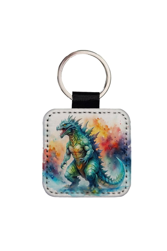Giant Kaiju Monster Watercolor Faux Leather Square Keychain