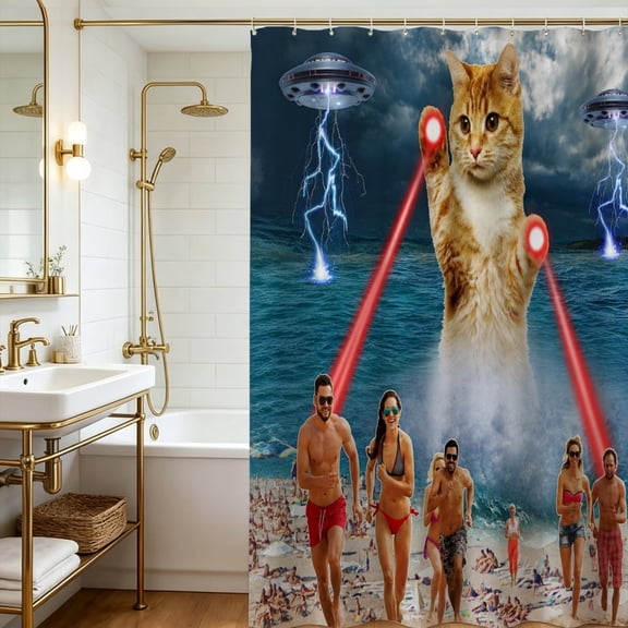 Giant Laser UFO Attack Cat Funny Shower Curtain, Unique Aesthetic Bathroom Space Divider Decor, Thanksgiving Christmas Gift