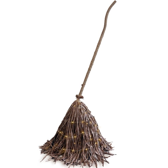 Giant Light-Up Witches Broom, Handmade Real Twig Witches Broom with String Lights, Rustic Indoor Outdoor Halloween Decor for Porch, Yard