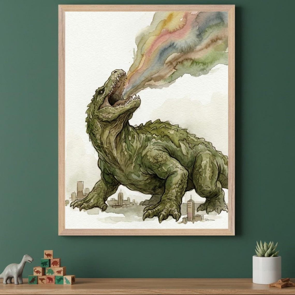 Giant Lizard Monster Breathing Rainbow Wall Art, Colorful Fantasy ...