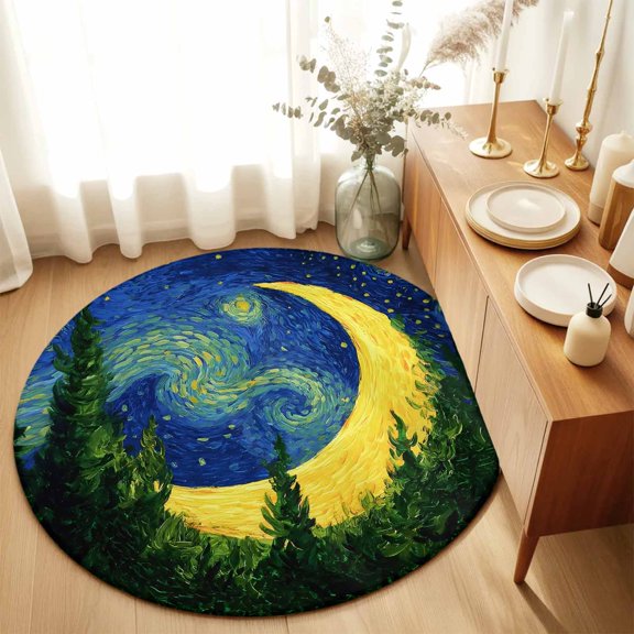 Giant Moon Forest Expressionist Art Round Area Rug 3ft,Living Room Rug Non-Slip Washable Circle Rugs Pad,Dreamy Night Navy Blue Soft Floor Carpet for Bedroom Dining Room