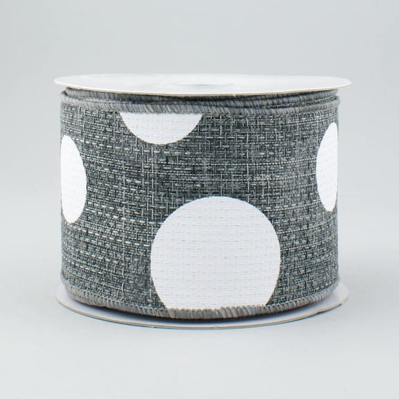 Giant Multi Dots Faux Burlap Wired Edge Ribbon - 2.5 Inch x 10 yards Grey, White : RG0120010