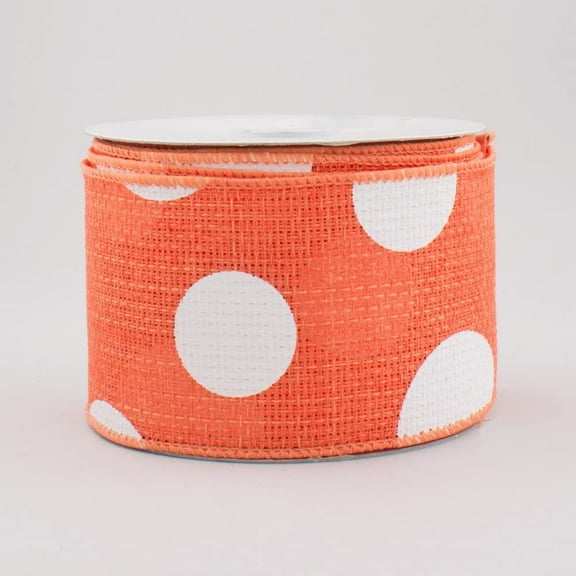 Giant Multi Dots Faux Burlap Wired Edge Ribbon - 2.5 Inch x 10 yards Salmon Coral, White : RG0120094
