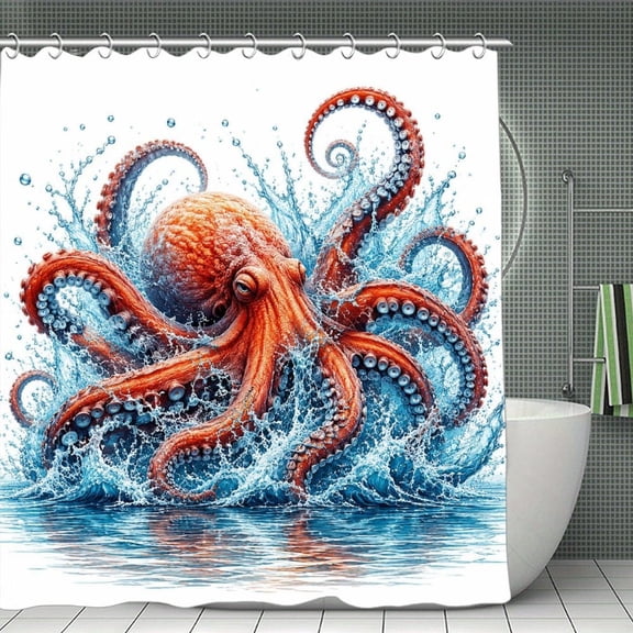 Giant Octopus Ocean Splash Print Shower Curtain,Cloth Fabric Waterproof Polyester Bathroom Home Decor Set with Hooks 70.870.8Inch