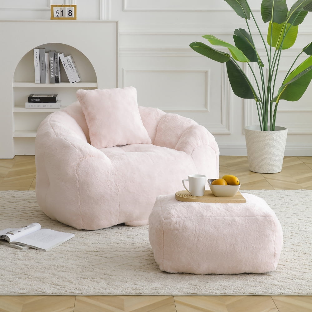 Giant Oversized Bean Bag Chair with Footstool - Faux Fur Shell-Shaped, Pre-Filled for Adults & Kids, Floor Sofa for Gaming, Reading, Living Room & Bedroom