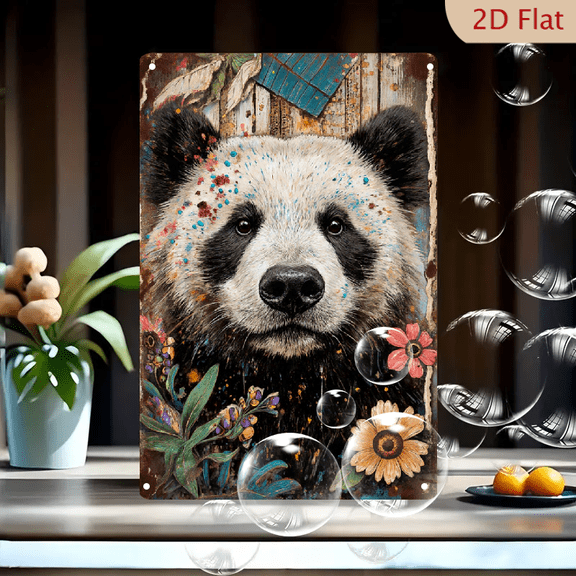 Giant Panda Art 8x12in Metal Wall Decor, Whimsical Painterly Portrait with Colorful Speckles and Flowers on Rustic Wood Background, Vibrant Abstract Wildlife Home Accent for Living Room or Office