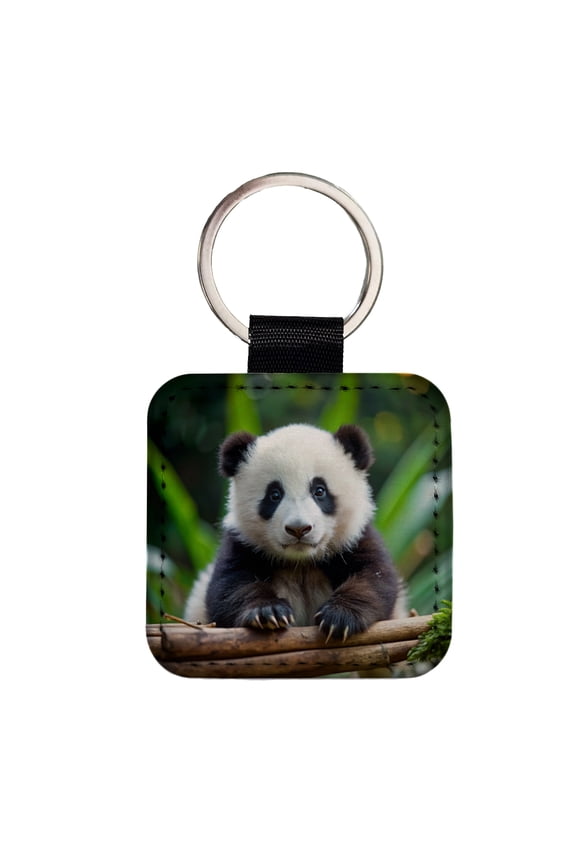 Giant Panda Baby Faux Leather Square Keychain