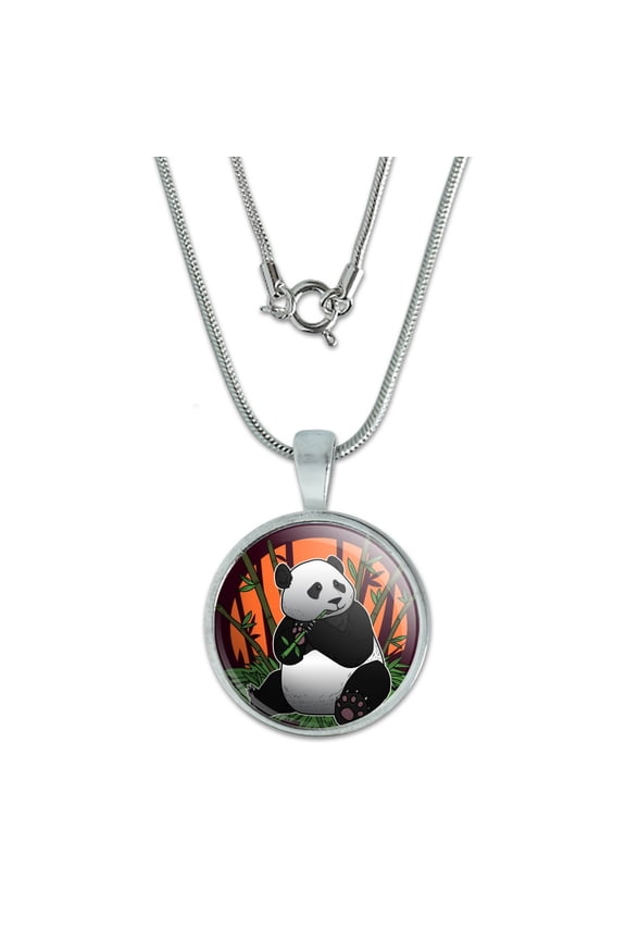 Giant Panda Bear Eating Bamboo 0.75" Pendant with Sterling Silver Plated Chain