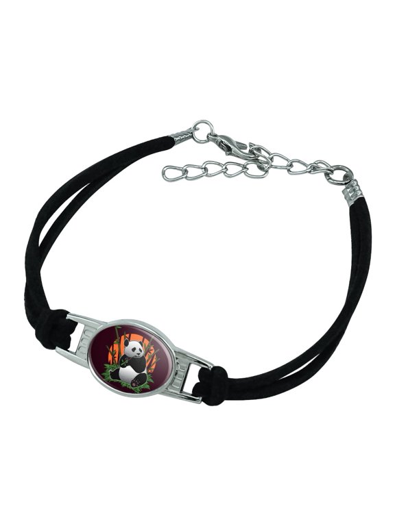 Giant Panda Bear Eating Bamboo Novelty Suede Leather Metal Bracelet - Black
