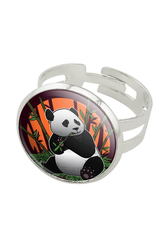Giant Panda Bear Eating Bamboo Silver Plated Adjustable Novelty Ring