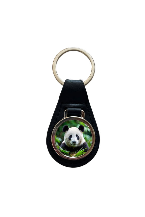 Giant Panda Metal Black Leather Keychain