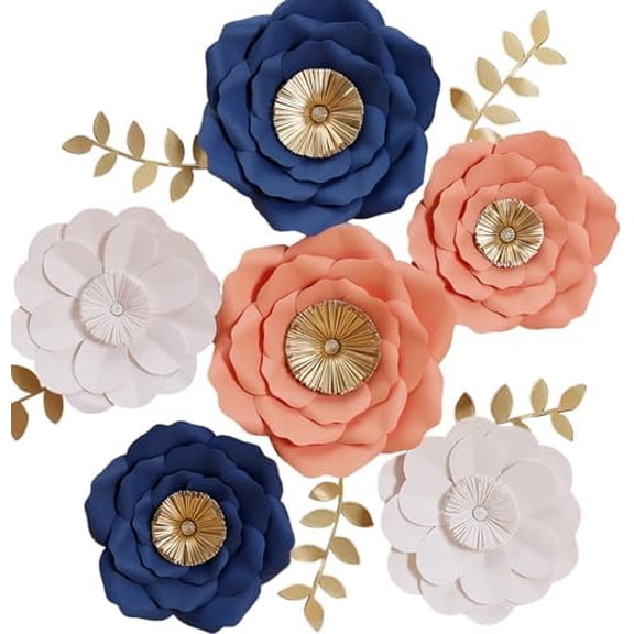 Giant Paper Flowers Decorations for Wall, Wedding, Bridal Shower, Baby Shower, Nursery Wall Decor, Birthday Party (Navy Blue, Coral, White, Set of 6, No Assembly Required)
