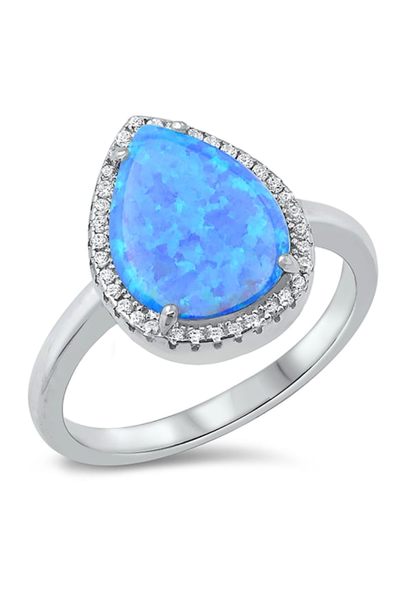 Giant Pear Shape Blue Simulated Opal Cubic Zirconia Statement Ring Sterling Silver Size 8